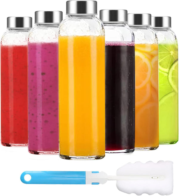 Clear Glass Bottles with Lids 18 Oz, Reusable Glass Water Bottles with Stainless Steel Cap for Juicing, Refrigerator,100% Leak Proof, BPA Free,