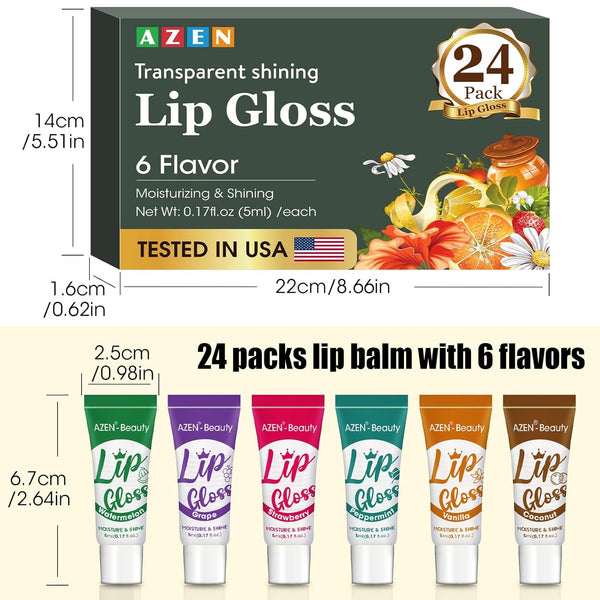 AZEN 24 Pack Lip Gloss Set, Clear Lip Gloss Bulk, Lip Oil for Dry Cracked Lips Moisturizing Hydrating Nourishing with Vitamin E, Valentines Gifts