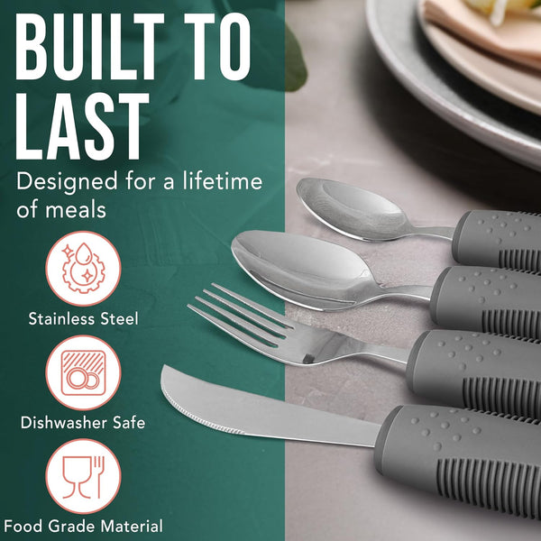 BUNMO Utensils for Elderly, Arthritis, Weak Hand Grip, Tremors & Handicapped - Convenient Travel Pouch - 2.6Oz Lightweight - Stainless Steel - Eat