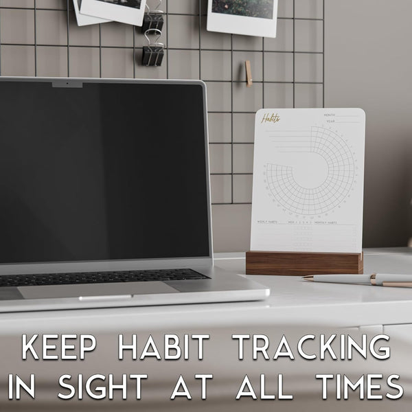 Habit Tracker with Walnut Wood Stand - 36 Months of Habit Tracking, Elegant Habit Calendar Desk for Goal Tracking