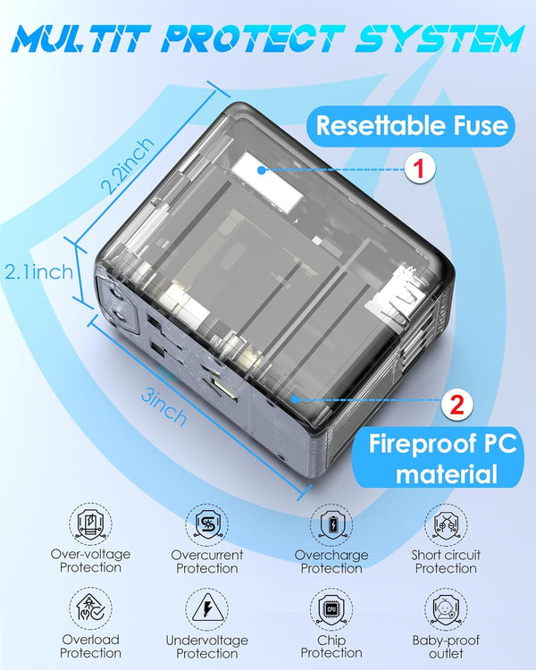 Universal Travel Adapter, 6.0A 30W 5 USB C/A Ports + 2500W AC Outlets, International Power Adapter for All USB Devices, Multi Plugs 110V 220V A/C,