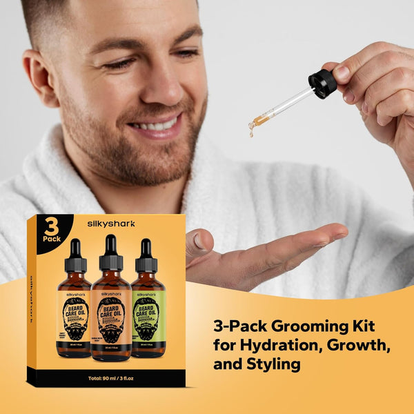 Beard Oil (3 Pack, 90Ml), Beard Growth & Conditioning Oil for Men, Hydrating Beard Moisturizer for Grooming & Care, Sandalwood, Cedarwood, Sweet