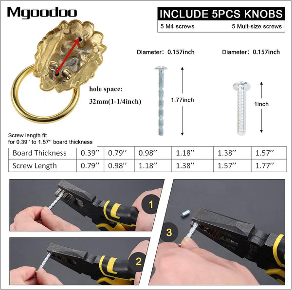 Mgoodoo 5Pcs Drawer Lion Head Pull Handle Knob Dresser Cabinet Pull Ring 1.97X3.54Inch Classical Antique Style Zinc Alloy Handle (Large|Gold)