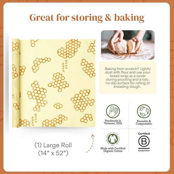 Bee'S Wrap Beeswax Wraps for Food - Honeycomb Cut to Size Wax Paper Roll - Made in USA Reusable Waxed Paper & Bowl Covers - Organic & Eco-Friendly