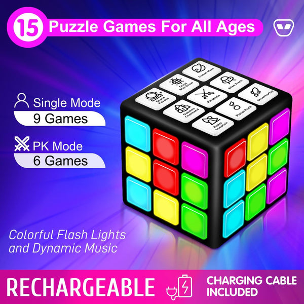Rechargeable Game Handheld Cube - 15 Fun Brain & Memory Game with Score Screen - Christmas Easter Birthday Gifts for Boys Girls Ages 6-12+ Years