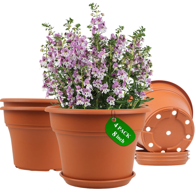 8 Inch Plastic-Flower Pot-For-Indoor Plants, 4 Pack Large Outdoor Planter Pot with Drainage Holes & Saucers, Resin Decorative Garden Pots Planters