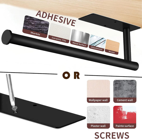 Paper Towel Holder under Cabinet Wall Mount,Self Adhesive and Drilling Paper Towel Holders,Sus304 Stainless Steel Paper Towel Roll Rack,Black
