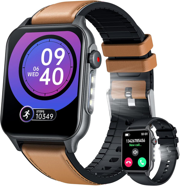 Smart Watch for Men Fitness Tracker: 1.96" Military Smartwatches with Bluetooth Call Three Lights Flashlight Watch Compatible Android Ios Phone