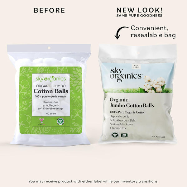 Sky Organics Organic Jumbo Cotton Balls for Sensitive Skin, 100% Pure Organic Cotton Sustainably Grown, Chlorine Free, Hypoallergenic, Ultra-Soft