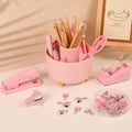 SKYDUE Pink Desk Accessories 10Pcs, 360-Degree Rotating Pen Holder, Stapler, Staple Remover, Tape Dispenser,2Pcs Tape Refills, Binder Paper Clips