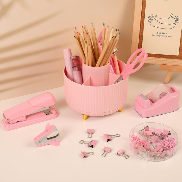SKYDUE Pink Desk Accessories 10Pcs, 360-Degree Rotating Pen Holder, Stapler, Staple Remover, Tape Dispenser,2Pcs Tape Refills, Binder Paper Clips