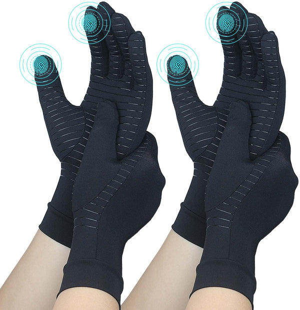 2 Pairs Full Finger Copper Arthritis Gloves with Touchscreen Tip, Compression Gloves for Women Men, Relief for Rheumatoid, Osteoarthritis, Carpal