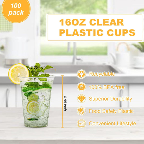 Tashibox 100 Count - 16 Ounce Plastic Cups, Ice Coffee Cups to Go - Crystal Clear PET Party Cups