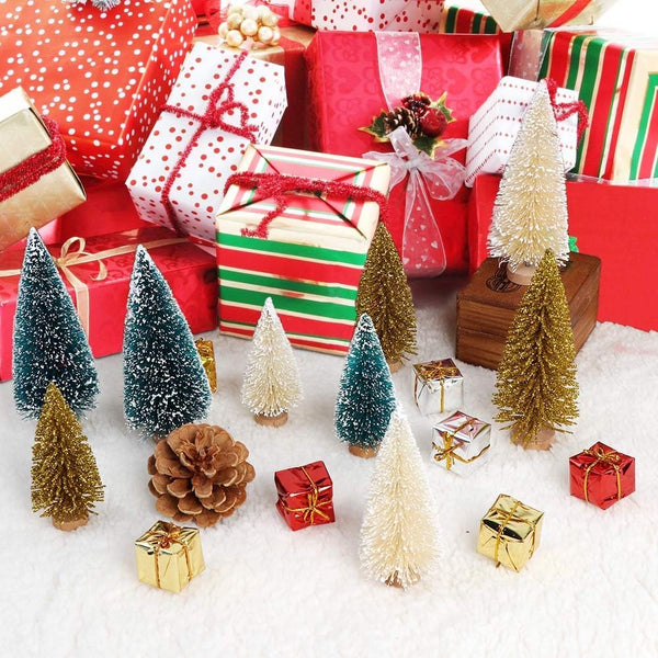 Aerwo 24Pcs Mini Christmas Trees Bottle Brush Trees with Wood Base, Christmas Village Trees for Tabletop Christmas Decor Holiday Winter Decorations