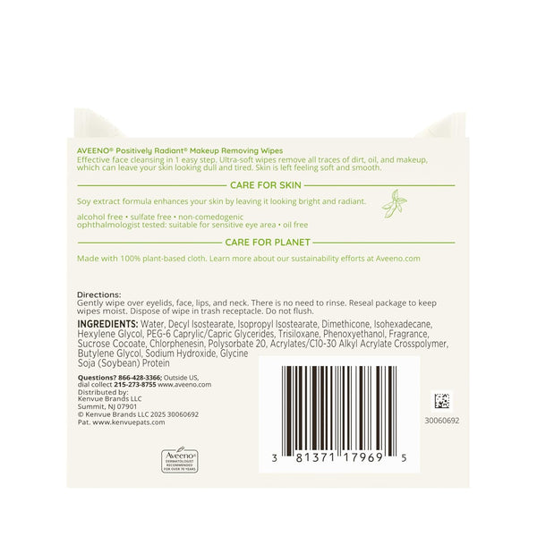 Aveeno Positively Radiant Oil-Free Makeup Removing Face Wipes to Help Even Skin Tone and Texture with Moisture-Rich Soy Extract, Gentle Facial