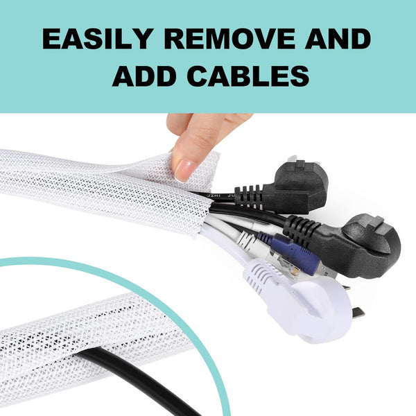 AGPTEK White Cable Sleeve Cover, 2 Pack 5Ft - 1.2 Inch Cord Management Wire Organizer under Desk, Home Office Computer Wire Cover Hider Cord