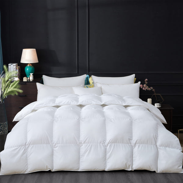 Luxurious All-Season Goose down Feather Fiber Comforter Queen Size Duvet Insert, Premium White Solid Plain Design, Premium Baffle Box, 100%