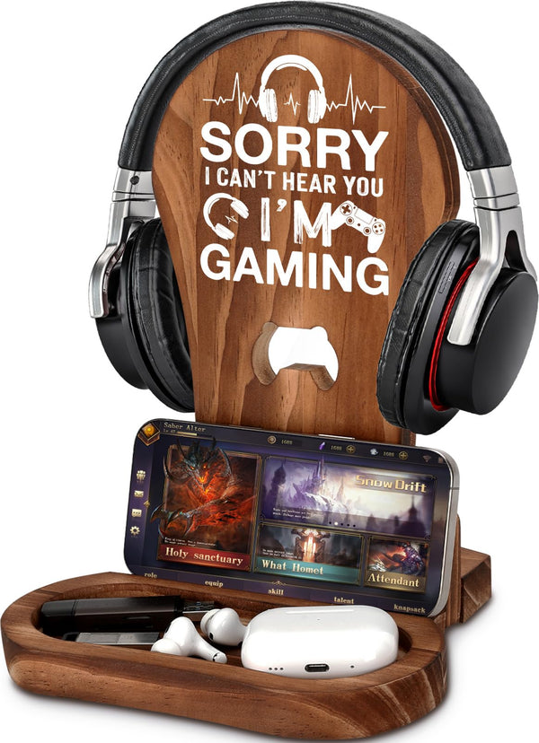Gamer Gifts for Teenage Boys, Gaming Headphone Stand for Men, Gaming Room Decor Wooden Headset Holder, Son Boyfriend Husband Game Lover Gifts