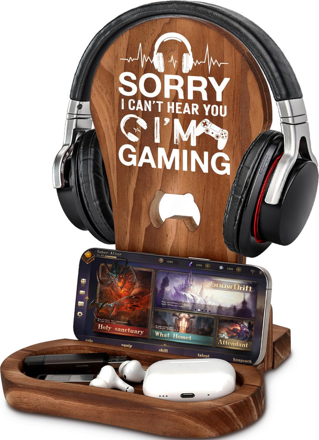 Gamer Gifts for Teenage Boys, Gaming Headphone Stand for Men, Gaming Room Decor Wooden Headset Holder, Son Boyfriend Hus