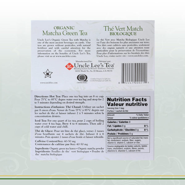 Uncle Lee'S Tea - Organic Matcha Green Tea, High in Catechin, Rich in Antioxidants, Box, 40 Tea Bags