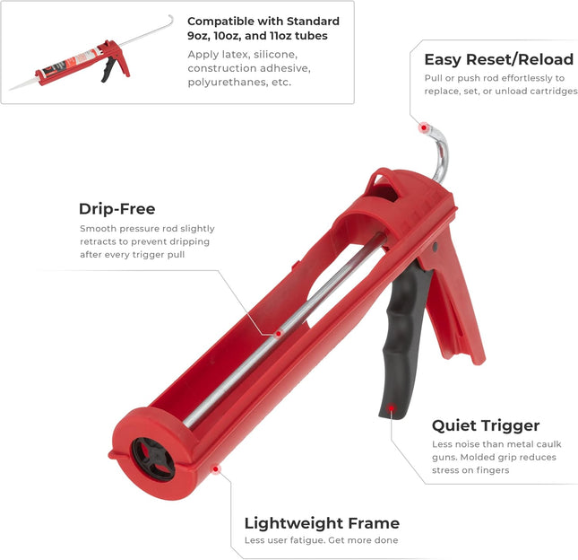 INTERTOOL Drip-Free Hand Caulking Gun, 10 Oz. Tube, 10:1 Thrust Ratio, Lightweight Durable Body, Smooth Rod, Quiet Ratch