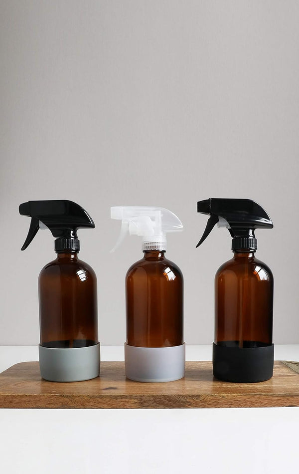 Rail19 Refillable Amber Glass Cleaning Spray Bottle with Silicone Sleeve, 16Oz (Clear Trigger/White Sleeve)