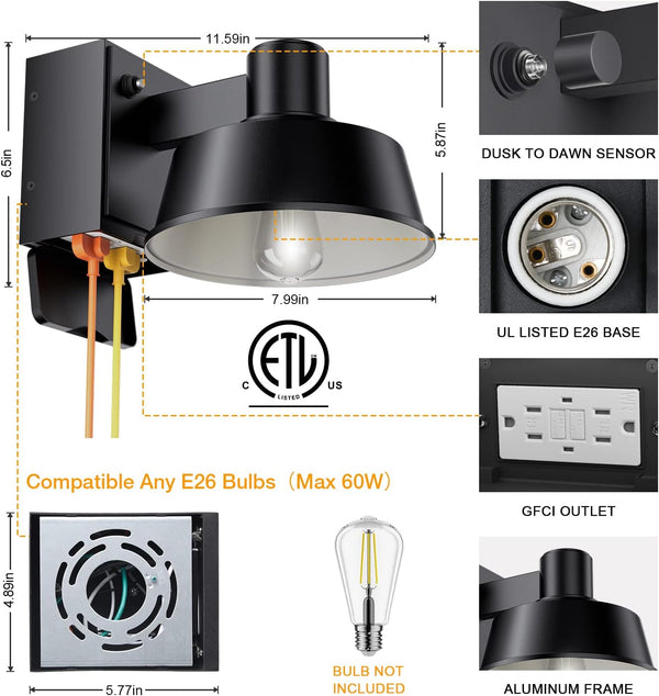 Porch Lights with Outlet, Dusk to Dawn Outdoor Light with Built-In GFCI Outlet, Waterproof Anti-Rust Lantern for Front Door, Garage