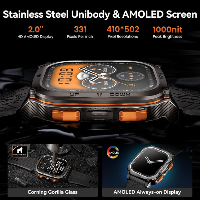 AMAZTIM Military Smart Watch with GPS, 6 Satellite Positioning/Compass, Stainless Steel Body, 50M Waterproof, 480Mah Ext
