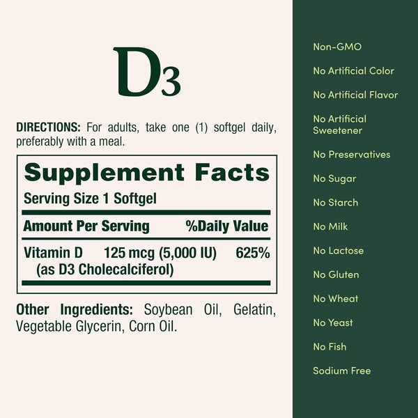 Nature's Bounty Vitamin D3 5000 IU Softgels, Rapid Release, Immune Support, Vitamin D Supplements, 240 Ct 240 Count (Pack of 1)