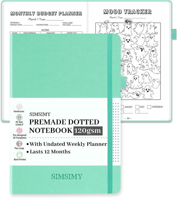 Premade Bullet Dotted Journal Notebook, Pre-Made Dot Grid Journaling with Undated Weekly & Monthly Planner - 12 Month Organization for Habit /