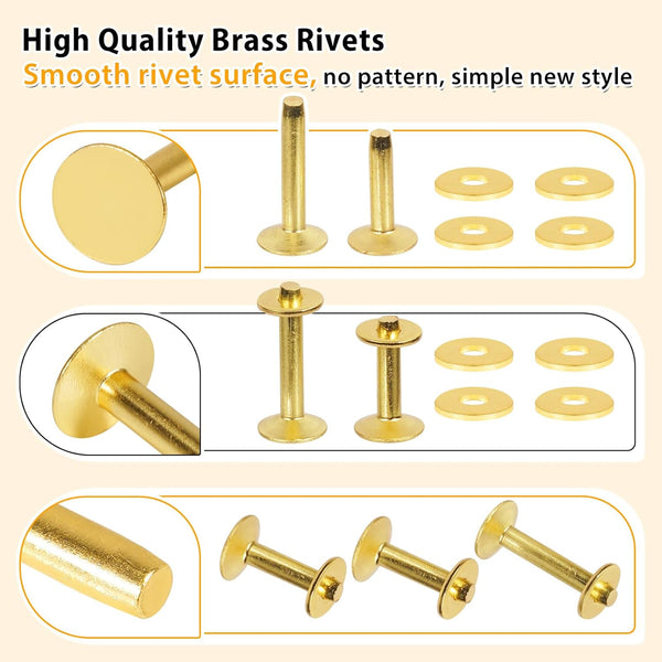 Junesunshine 154 Pcs Brass Rivets - Smooth & Pattern-Free, Pure Copper Rivets & Burrs for Leather Work, Jeans, Jacket, Clothing, Bag, Belt, Strap,