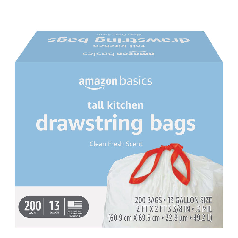 Amazon Basics Scented Trash Bags, Tall Kitchen Drawstring, Clean Fresh Scent, 13 Gallon, 200 Count, Pack of 1