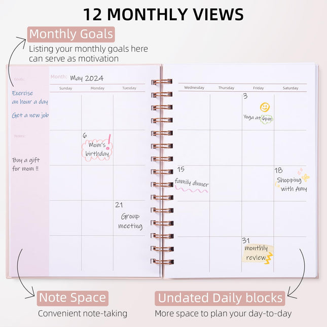 Undated Weekly and Monthly Planner Spiral Bound- Weekly Goals Notebook, To Do List, Habit Tracker Journal, Academic, Aes
