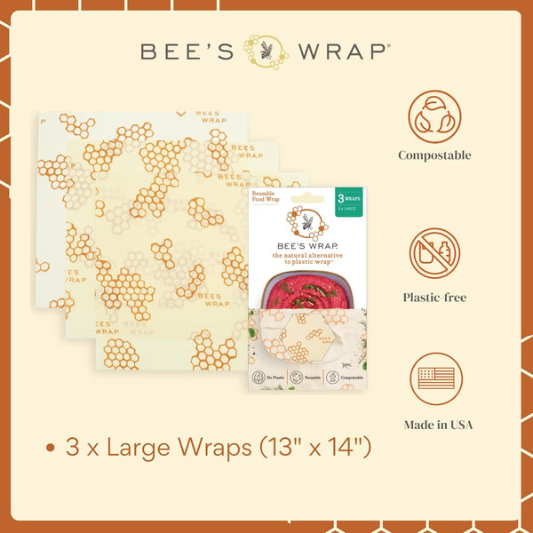 Bee'S Wrap Beeswax Wraps for Food - Honeycomb Large 3 Pack Made in USA Reusable & Organic Food Wraps, Sandwich Wrap & Bowl Covers - Eco-Friendly
