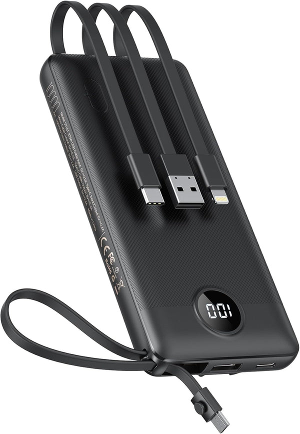 VEEKTOMX Portable Charger with Built-In Cables 10000Mah Power Bank for Iphone Slim Fast Charge USB C Battery Pack Travel Essentials Powerbank