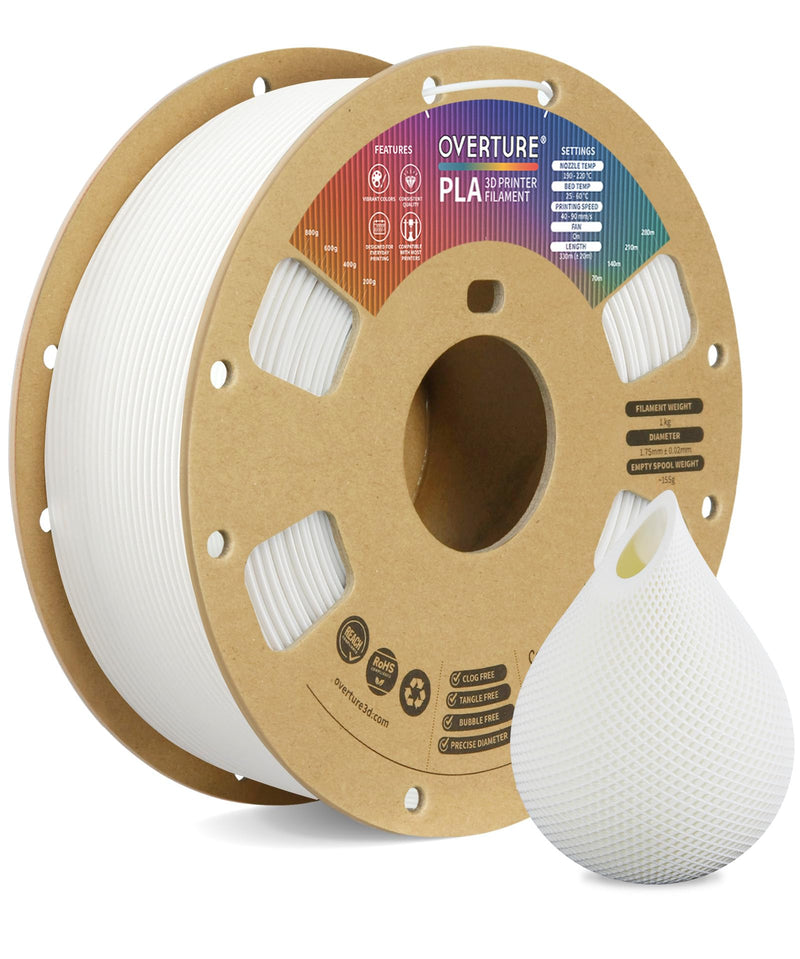 OVERTURE PLA Filament 1.75Mm PLA 3D Printer Filament, 1Kg Cardboard Spool (2.2Lbs), Dimensional Accuracy +/- 0.02Mm, Fit Most FDM Printer (White