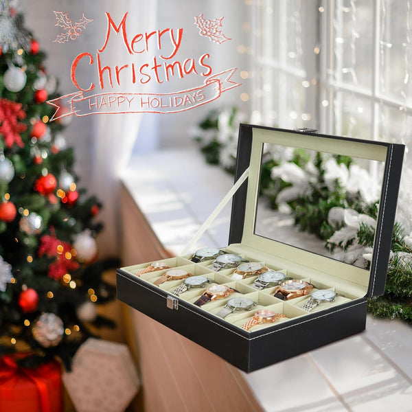 Ohuhu Watch Case, 12 Slot PU Leather Real Glass Lid, Watch Box Watch Holder Organizer Display Storage Box Soft Velvet Jewelry Box for Men and