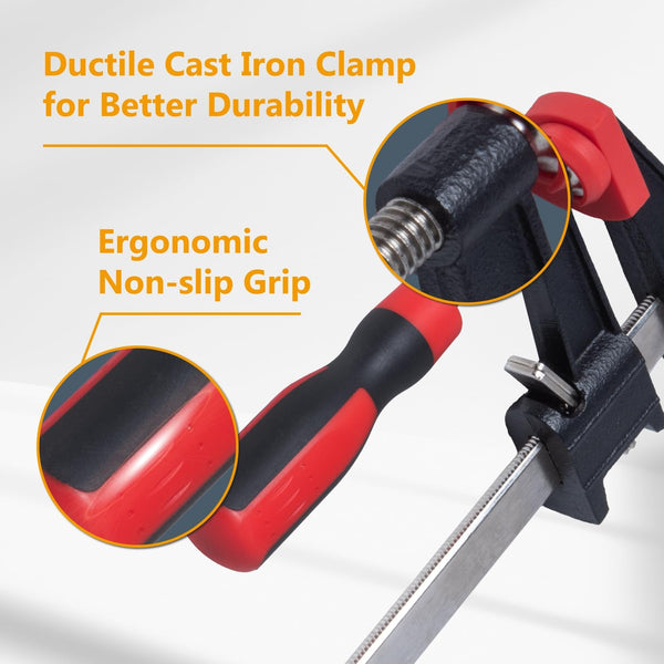 POWERTEC 12 Inch Steel Bar Clamps W/ 600 Lbs Loads Limit & 2-1/2" Throat, Quick Adjust & Release F Clamp with Micro-Adjustment Handle for