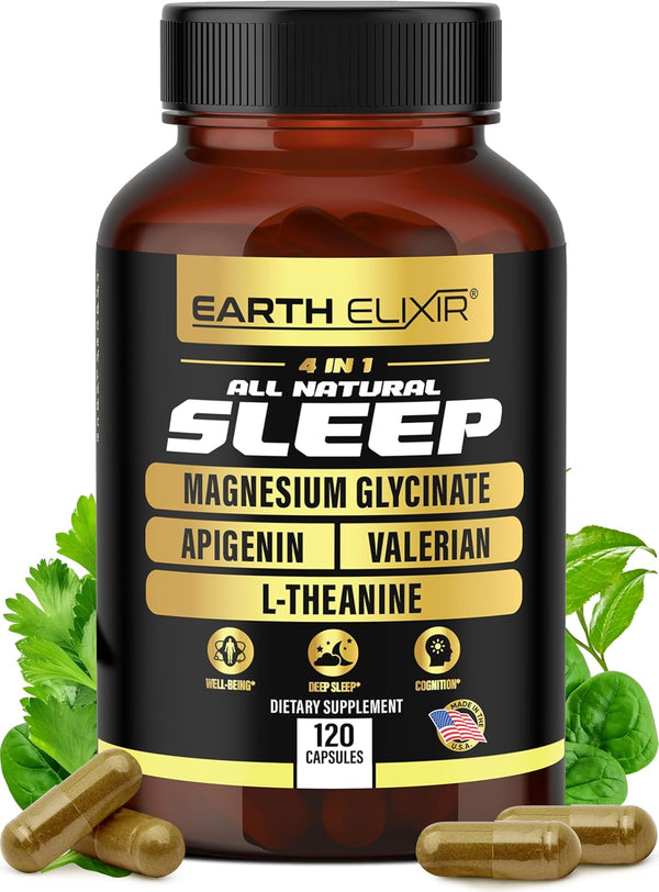 4-In-1 Sleep Aid (120 Caps) W/Apigenin 50Mg, Magnesium Glycinate 200Mg, L Theanine 200Mg & Valerian Root for Sleep Aid 300Mg | Apigenin Supplement