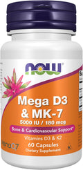 NOW Foods Supplements, Mega D-3 & MK-7 with Vitamins D-3 & K-2, 5,000 IU/180 Mcg, Bone & Cardiovascular Support*, 60 Veg Capsules
