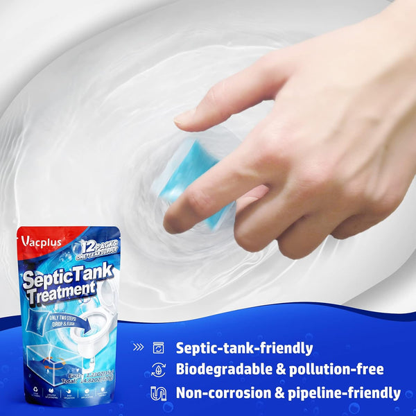 Vacplus Septic Tank Treatment 12 Pcs for 1-Year Supply, Dissolvable Packs with Easy Operation, Durable Biodegradable Enzymes for Wastes, Greases &