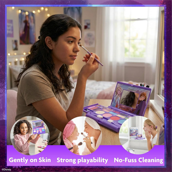 Disney Frozen All-in-One Kids Cosmetic Compact Set Includes Washable Lip Gloss, Eye Shimmer, Cheek Shimmer, Brushes Colorful Portable Beauty Set