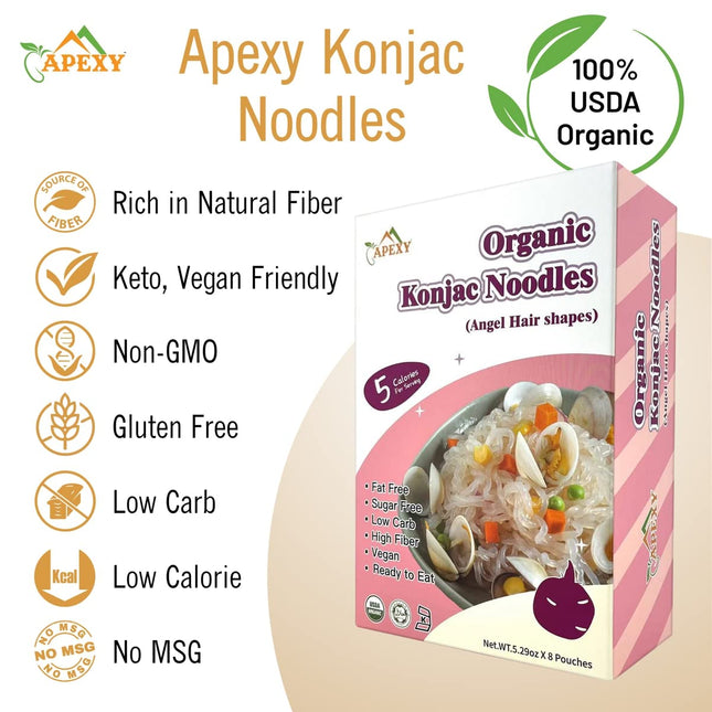 Apexy Organic Shirataki Konjac Noodle 8 Pouches Total 42.24Oz. Low Calorie, Low-Carb Gluten Free, Vegan, Keto and Paleo-