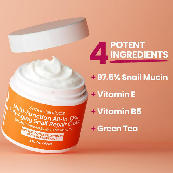 SeoulCeuticals Snail Mucin Moisturizer 97.5% - Korean Skin Care Snail Repair Cream - Day & Night Anti Aging K Beauty Skincare Cruelty Free 2oz 2 Ounce