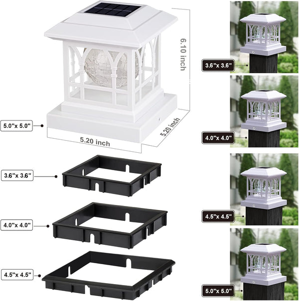 Solar Post Cap Lights, Warm White & RGB Automatic Cycling, Cracked Glass Bulb, 20 Lumens Lp65 Waterproof Fit 3.6X3.6 4X4 4.5X4.5 5X5 Wood Fence