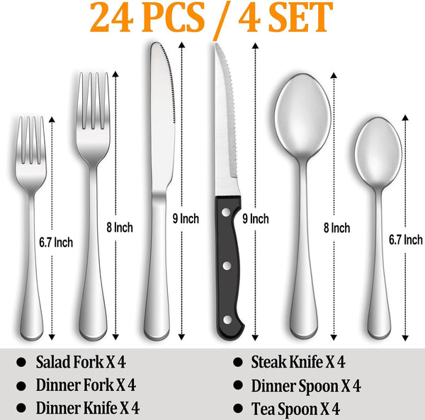24 Pcs Silverware Set with Steak Knives Service for 4,Stainless Steel Flatware Set,Mirror Polished Cutlery Utensil Set,Home Kitchen Eating