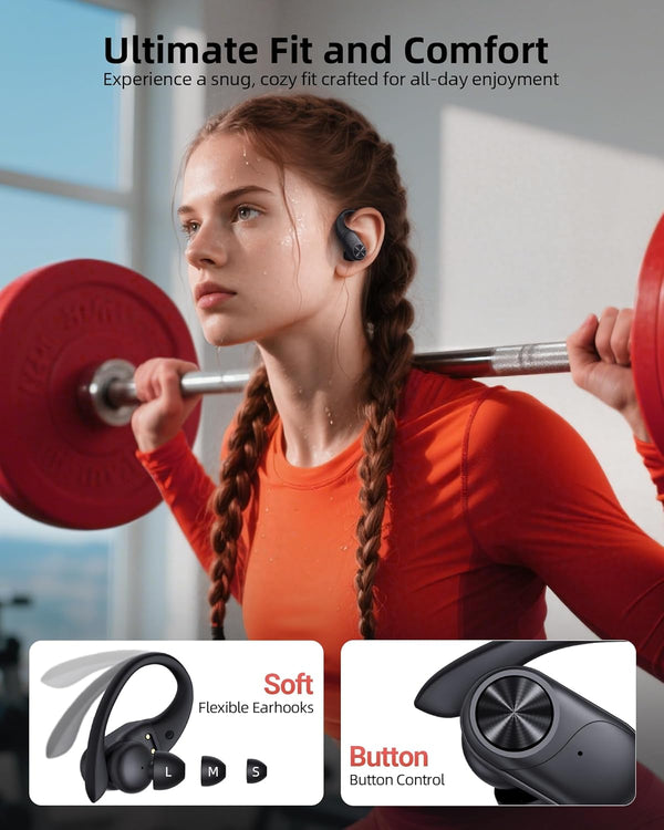 Pocbuds Bluetooth Headphones Wireless Earbuds 80Hrs Playtime Wireless Charging Case Digital Display Sports Ear Buds with Earhook Deep Bass IPX7