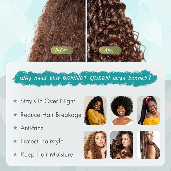 BONNET QUEEN Satin Bonnet Cool Breathable Single Layer Silk Bonnet for Sleeping Women Hair Bonnet Night Sleep Cap Scarf Wrap for Curly Hair with