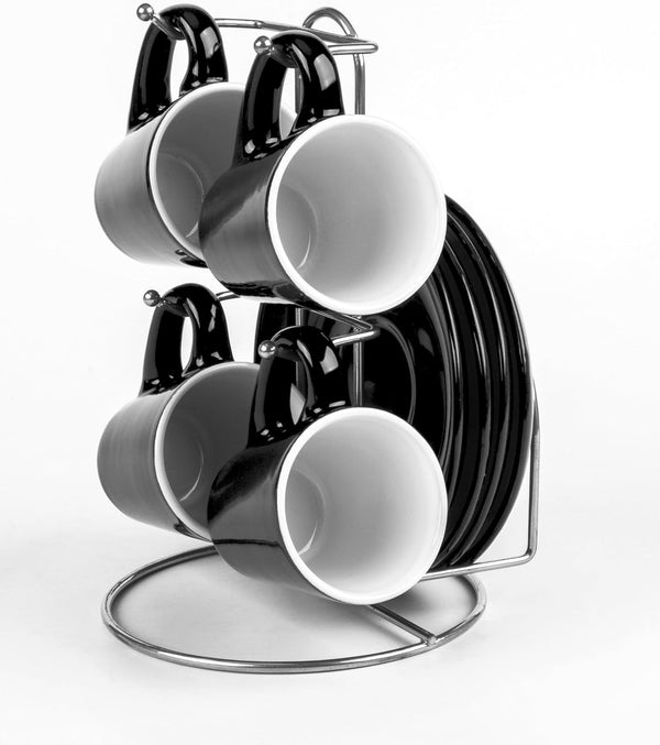 Bene Casa Black 9-Pc Espresso Set W/Metal Stand, 4 Espresso Cup Set, Cup & Saucer Set, Color Negro Juego De 4 Tazas Y 4 Platos Con Stand De Metal