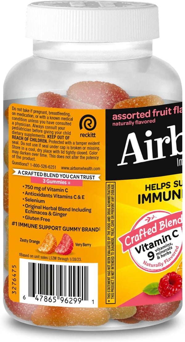 Airborne 750Mg Vitamin C Gummies for Adults, Immune Support Gummies with Powerful Antioxidants VIT C & E, Caffeine Free - 2X63Ct Bottle (42